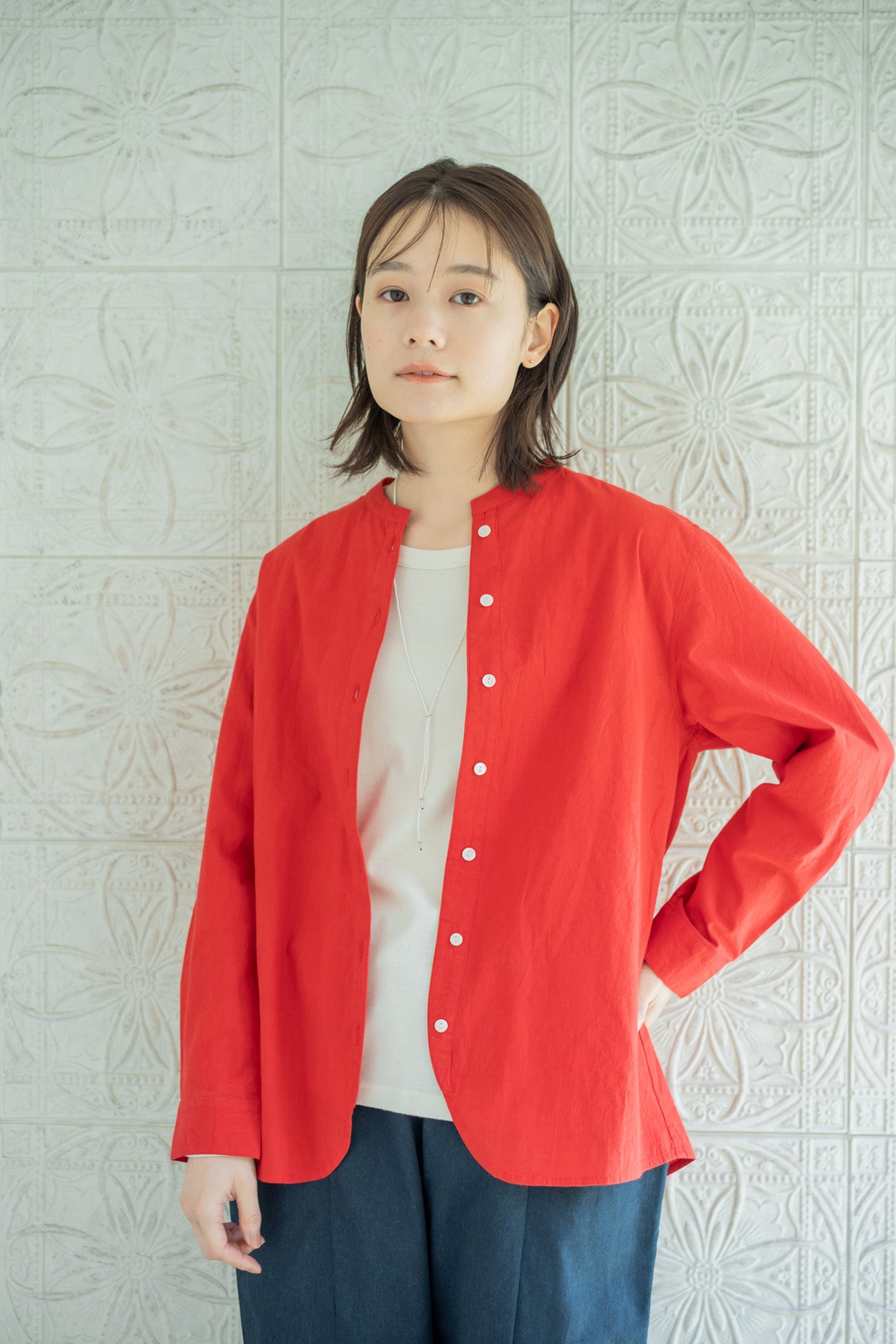 YARRA INDIAコットンバンドカラーシャツ YR-1443-202