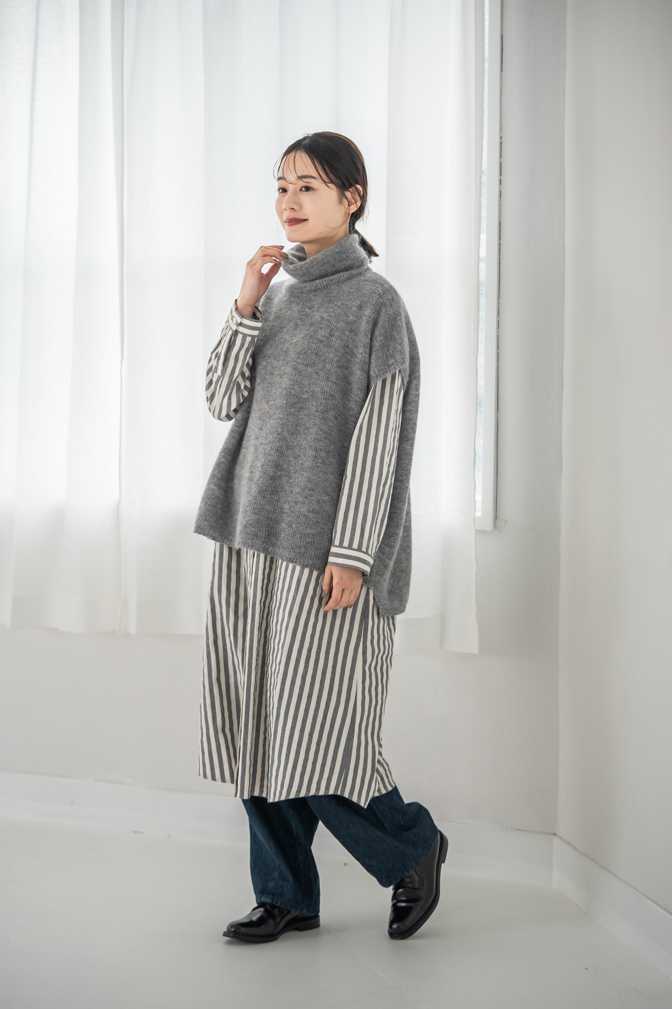 YARRA 先染めストライプスタンドワンピース YR-1544-221