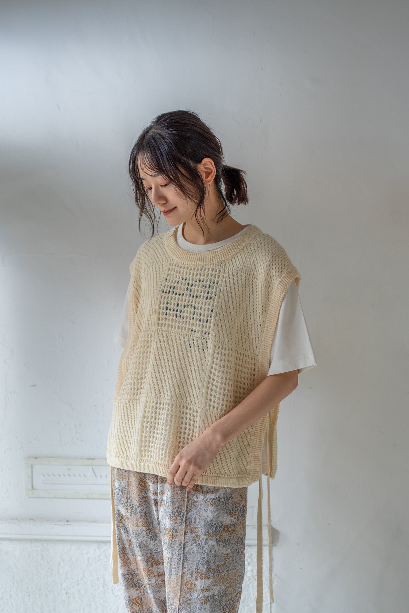 YARRA 綿麻透かし柄ニットベスト YR-1528-267