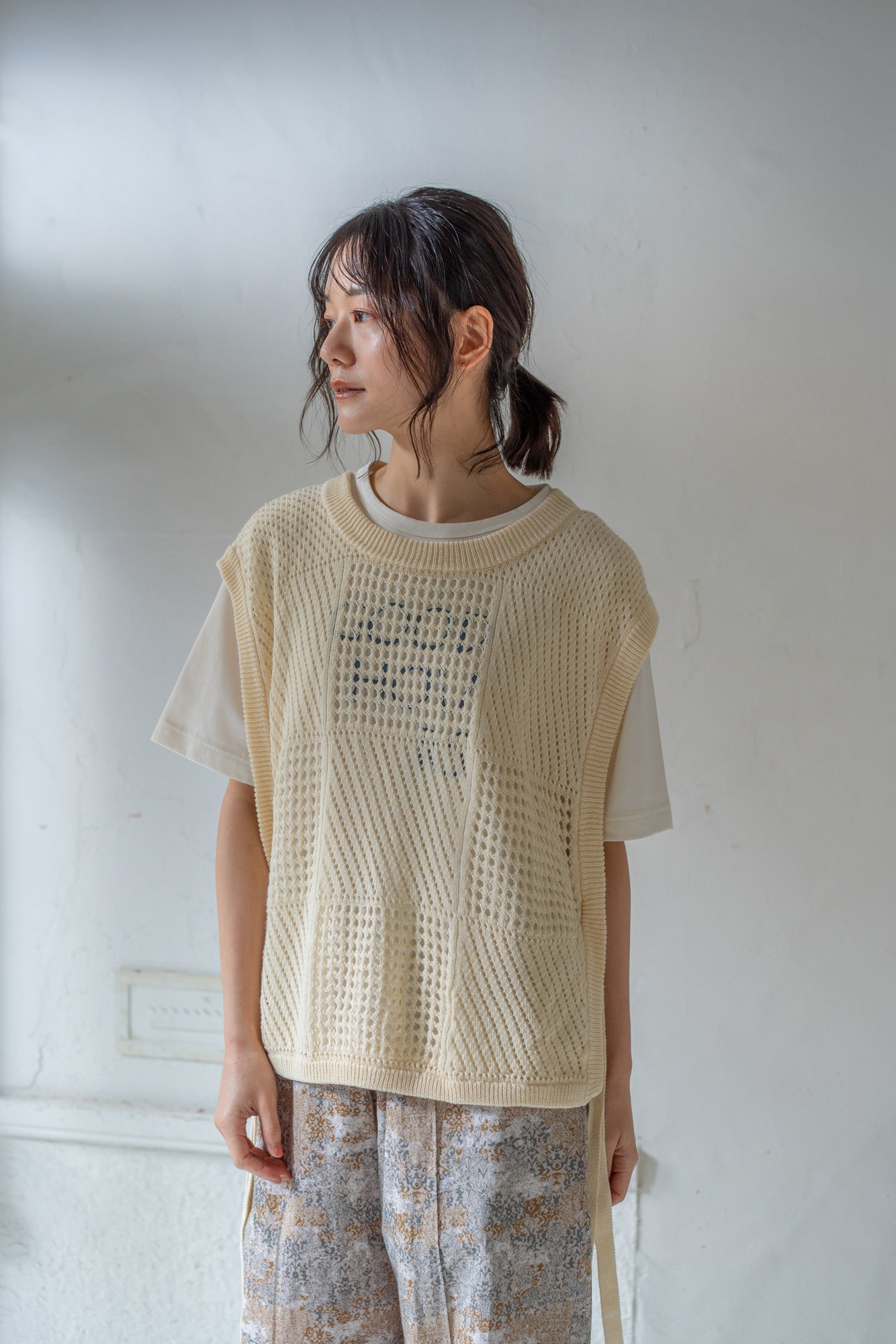 YARRA 綿麻透かし柄ニットベスト YR-1528-267
