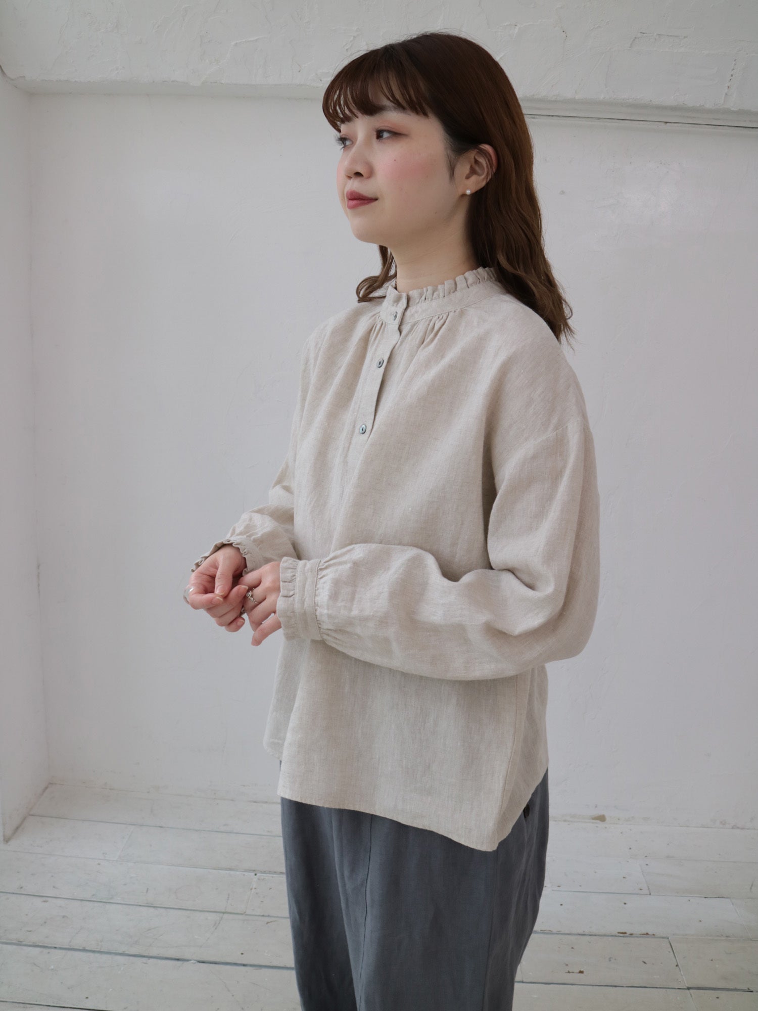 YARRA リネン100フリルカラー2WAYブラウス YR-1543-211