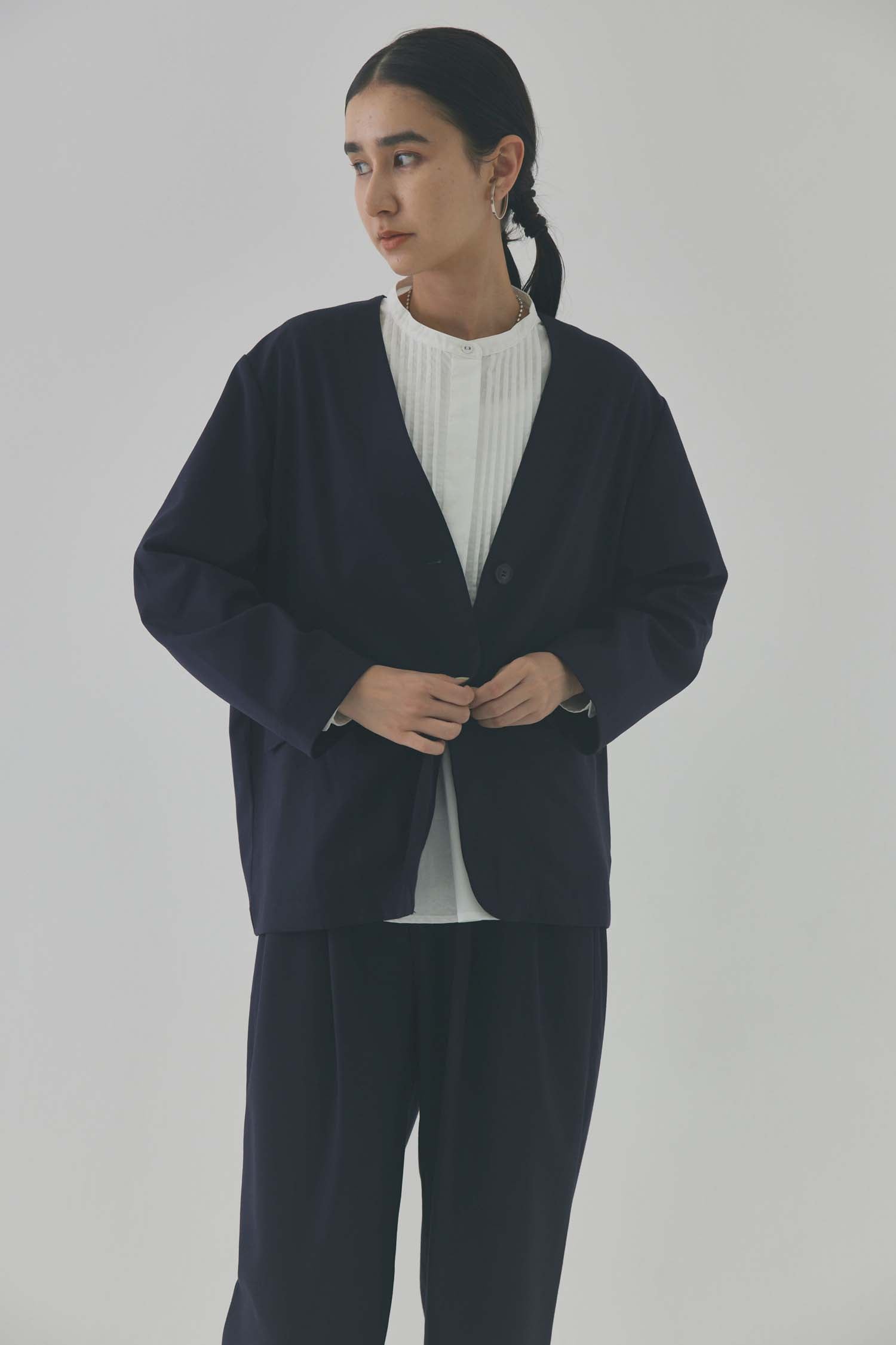 doux bleu Vネックノーカラージャケット DB-2417-002