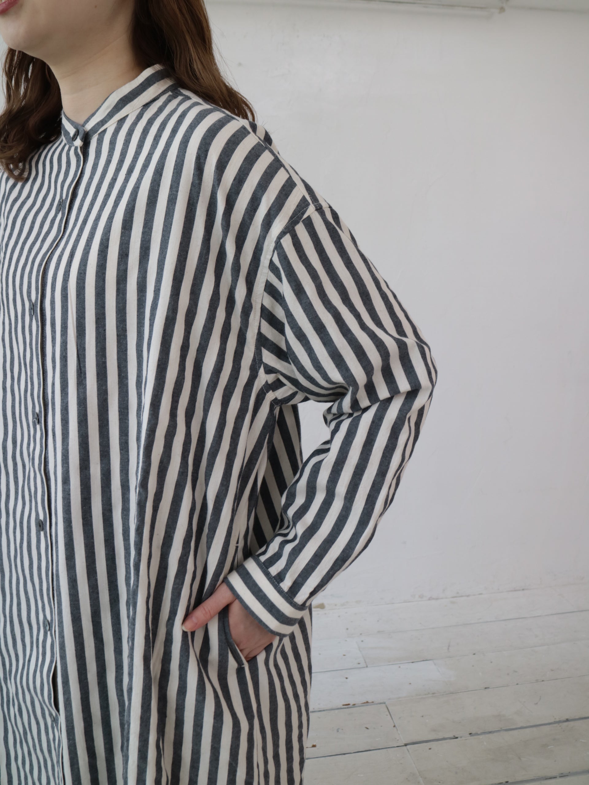 YARRA 先染めストライプスタンドワンピース YR-1544-221