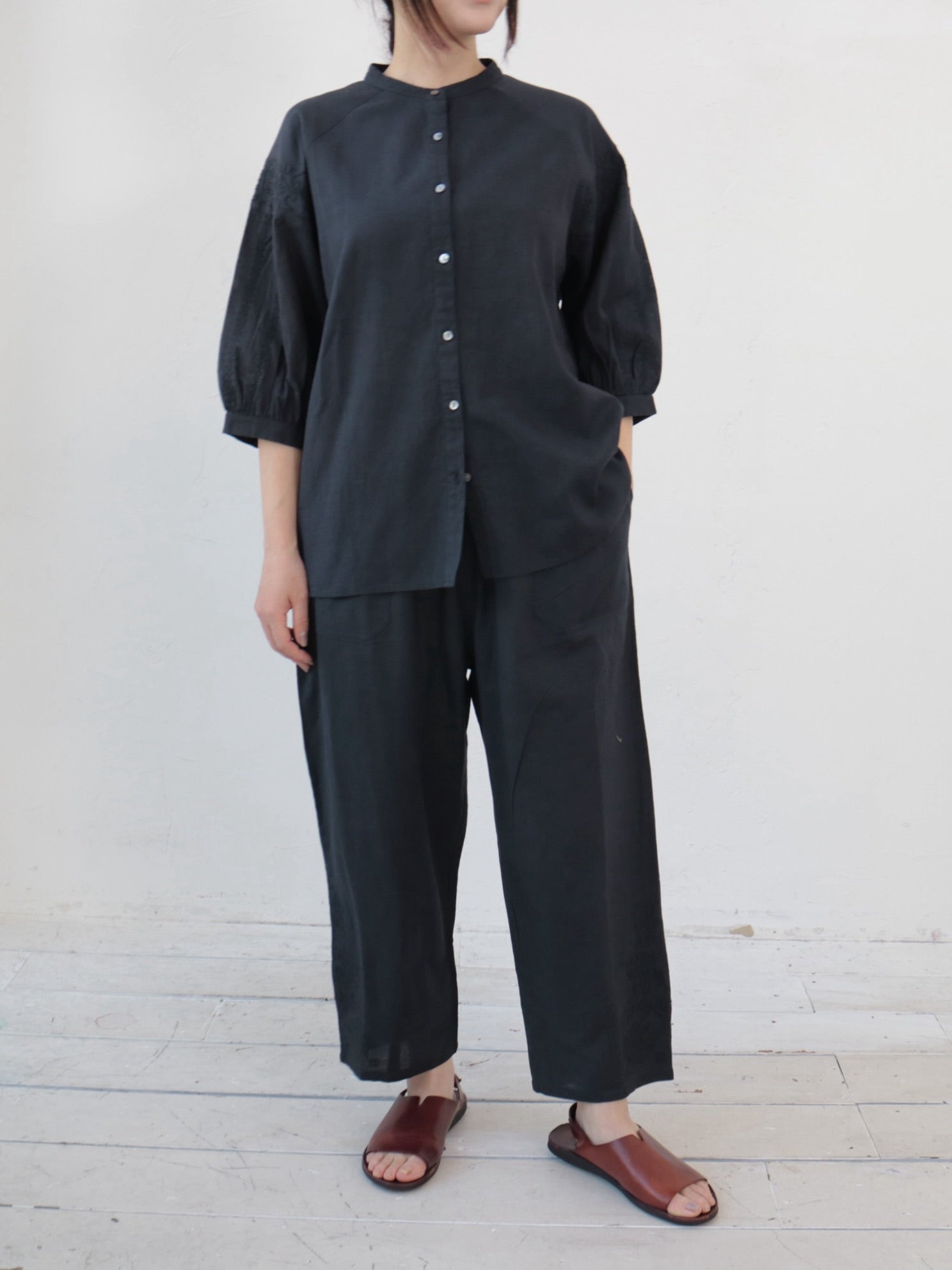 YARRA INDIAリネンコットン裾刺繍パンツ YR-1525-273