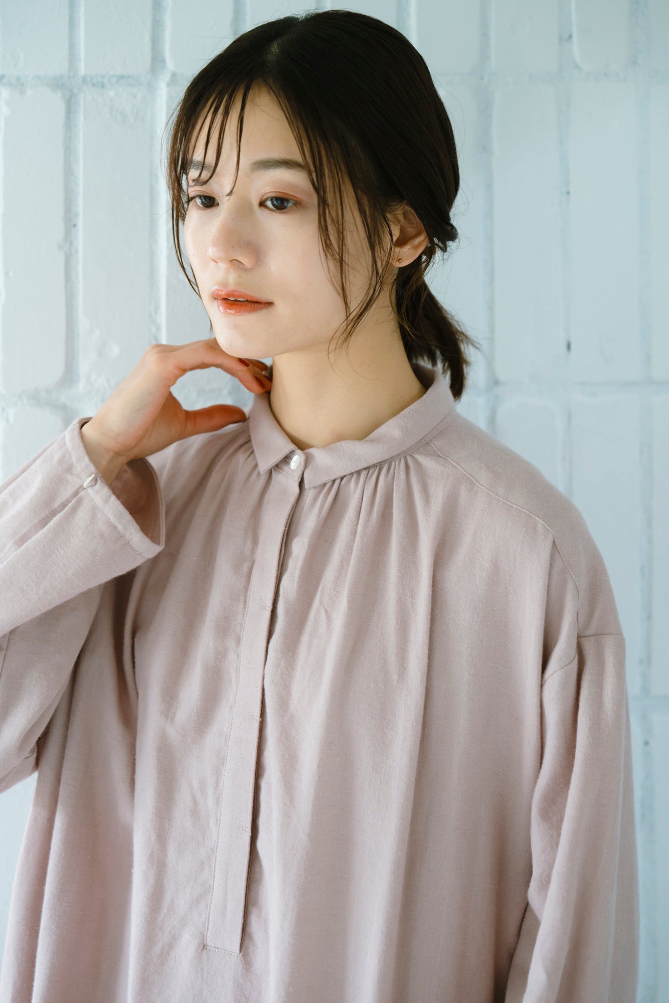 YARRA オリジナルツイルちび衿ギャザーワンピース YR-1554-249