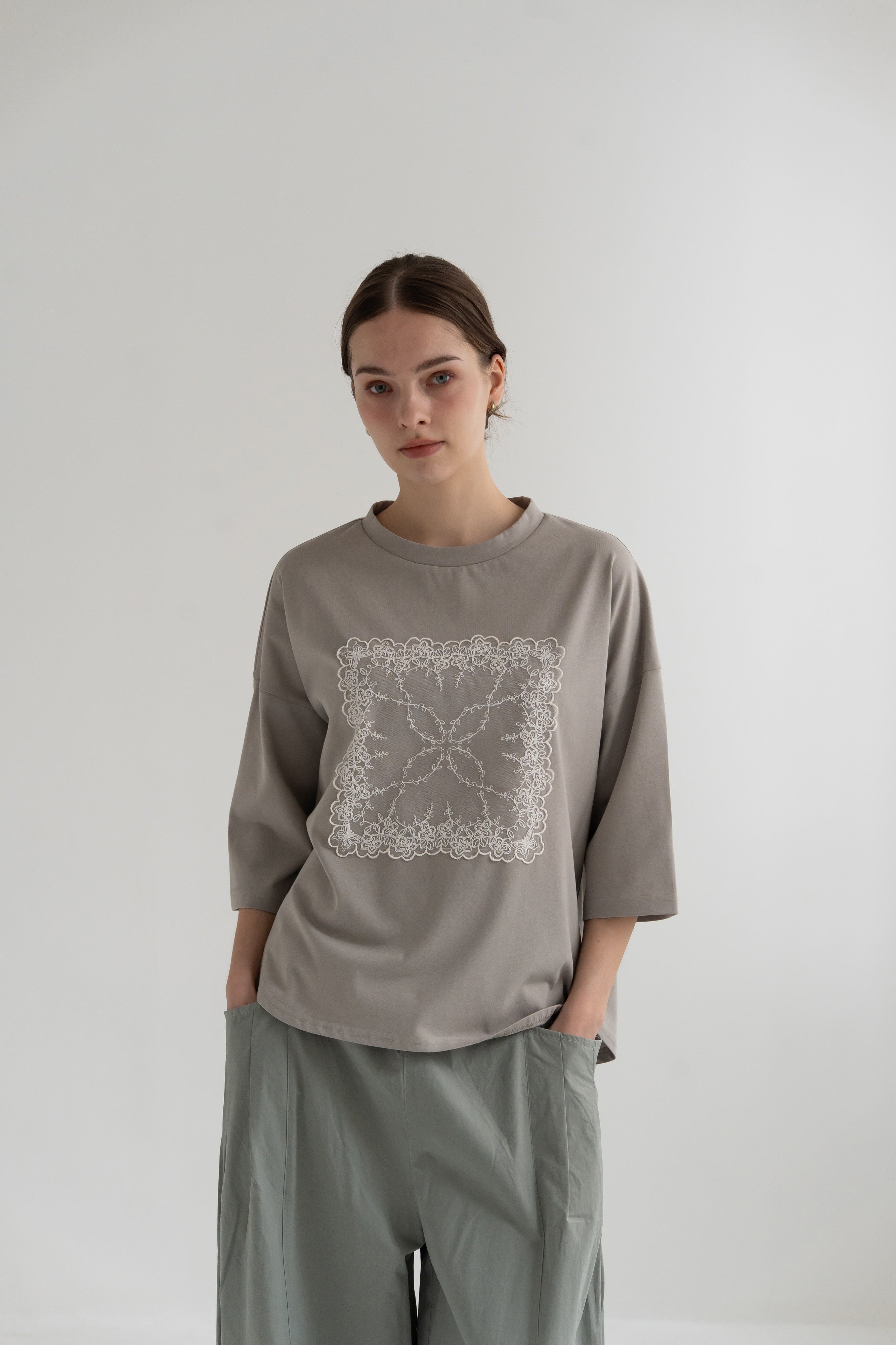 YARRA　シルキータッチ５分袖レースTEE　YR-1641-201