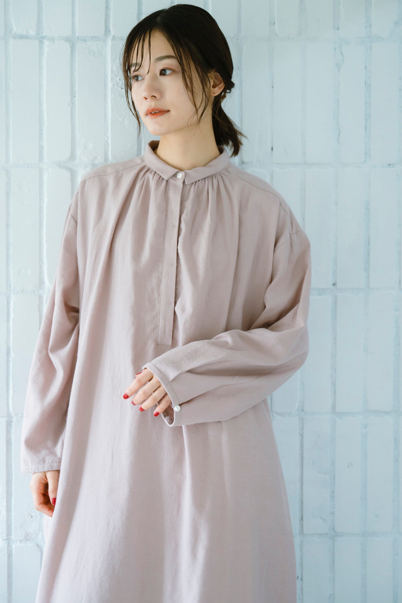 YARRA　オリジナルツイルちび衿ギャザーワンピース　YR-1554-249