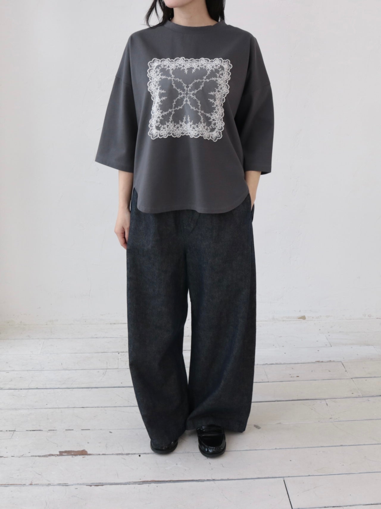 YARRA　シルキータッチ５分袖レースTEE　YR-1641-201