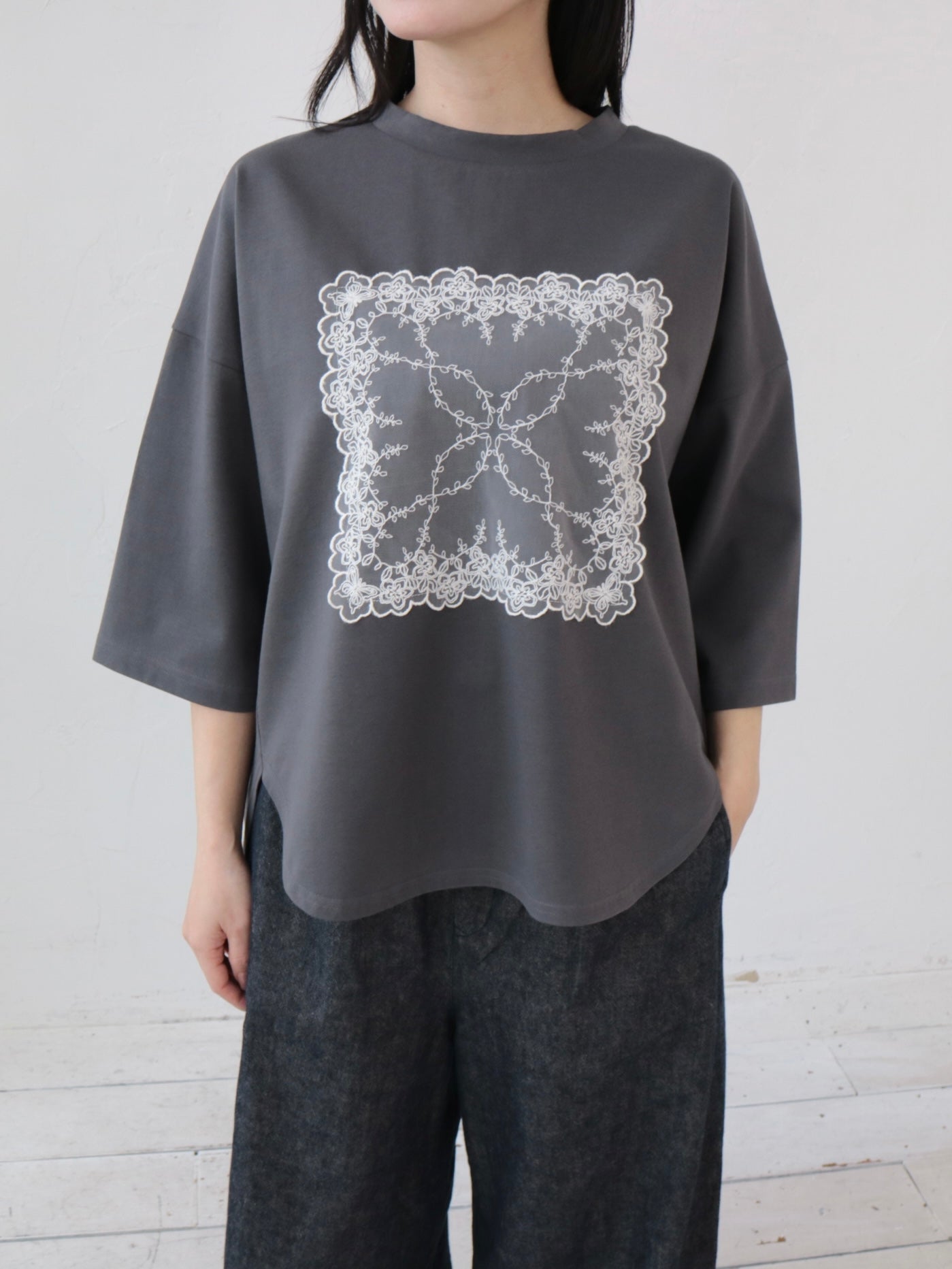 YARRA　シルキータッチ５分袖レースTEE　YR-1641-201