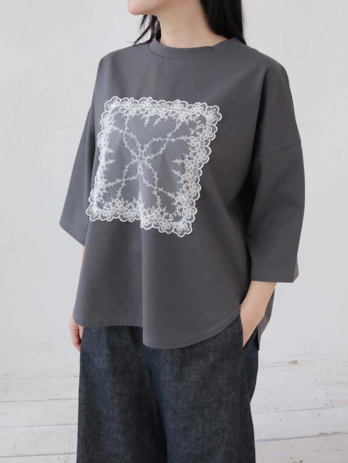 YARRA　シルキータッチ５分袖レースTEE　YR-1641-201