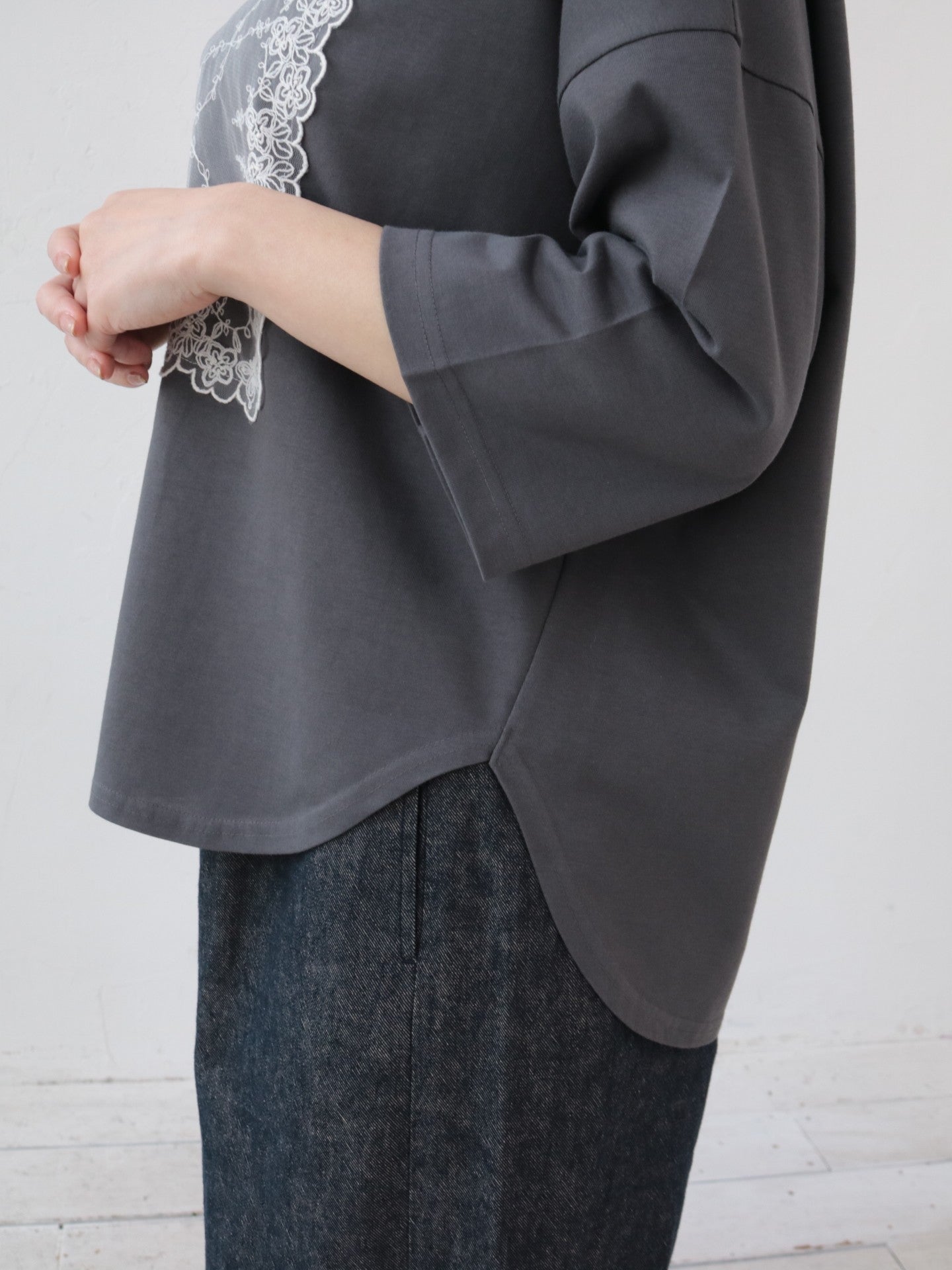 YARRA　シルキータッチ５分袖レースTEE　YR-1641-201