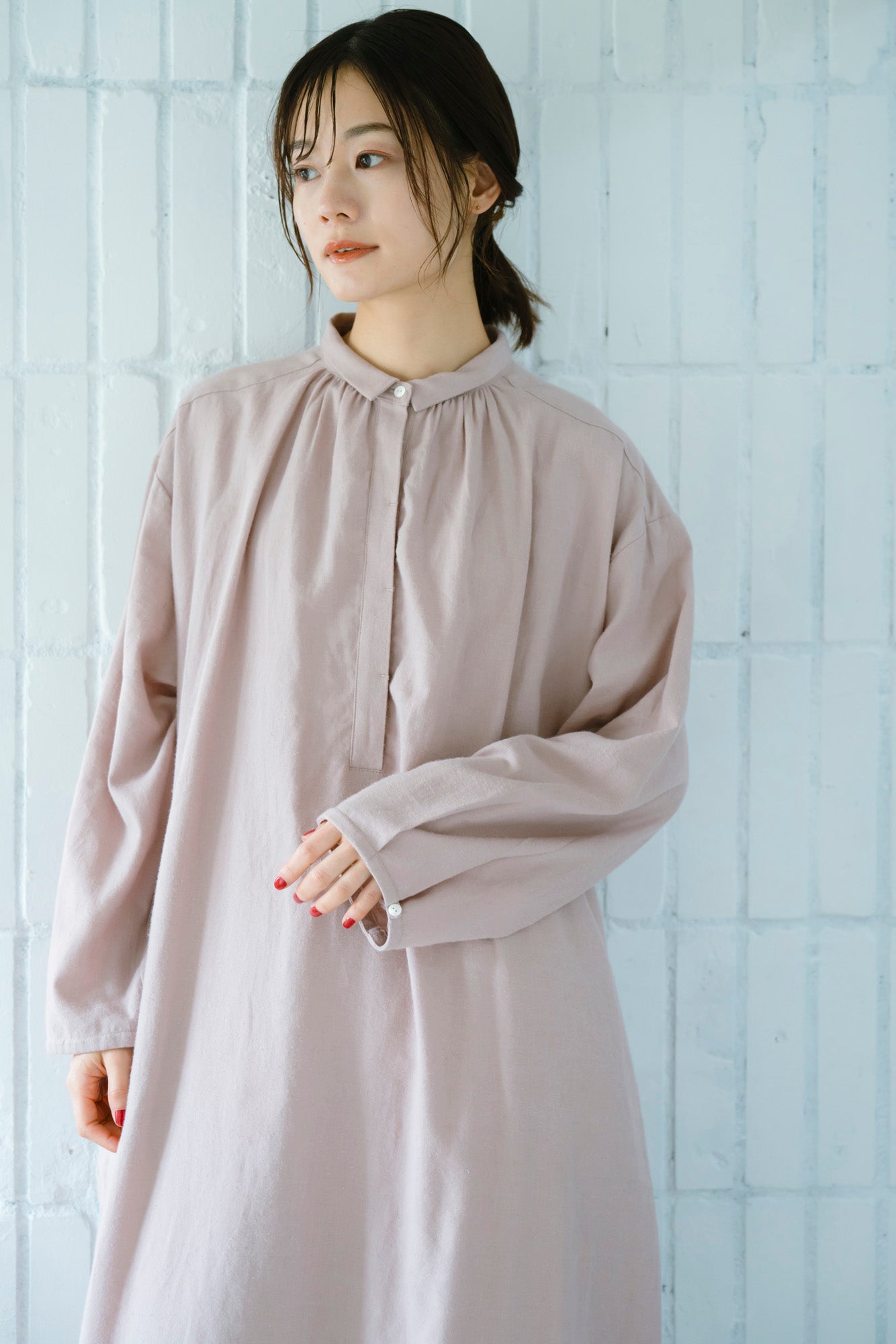 YARRA　オリジナルツイルちび衿ギャザーワンピース　YR-1554-249